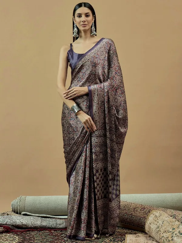 Green_Traditional_Ajrakh_Print_Semi_Modal_Silk_Saree_740006